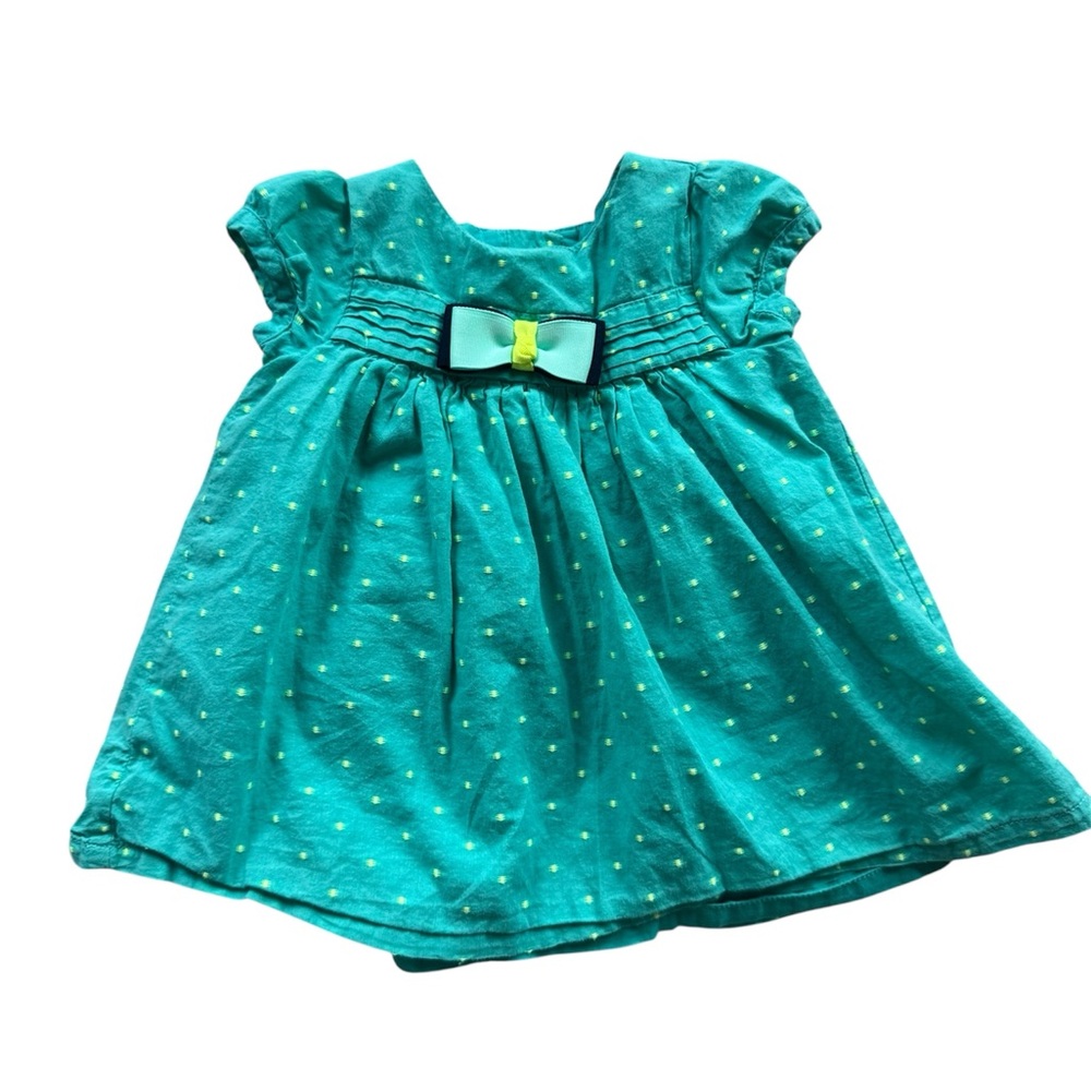 Baby Girl Teal Polka Dot Dress Bow Detail Short Sleeve sundress Size 3-6 months